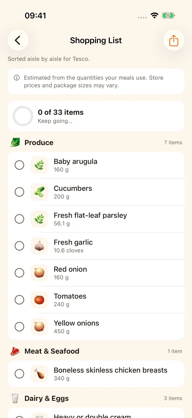 MealPot shopping list on iPhone, with ingredients and quantities grouped by store section