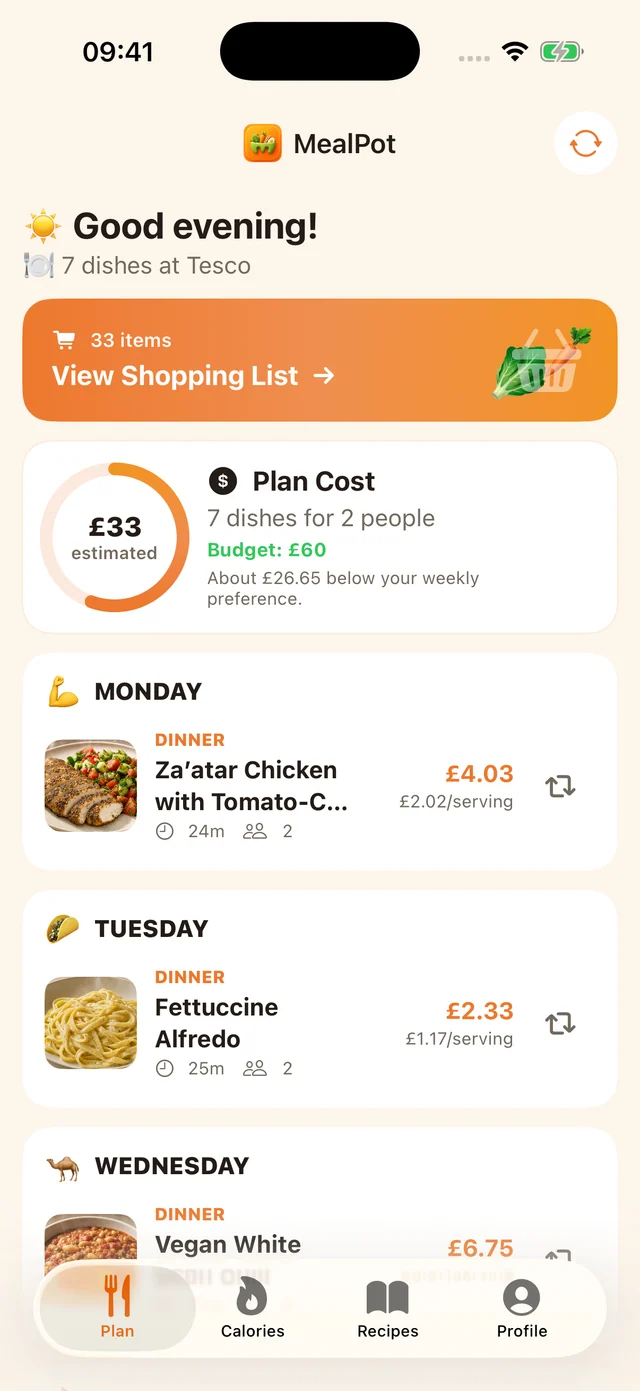 MealPot weekly plan on iPhone, showing selected dinners, portions and swap controls